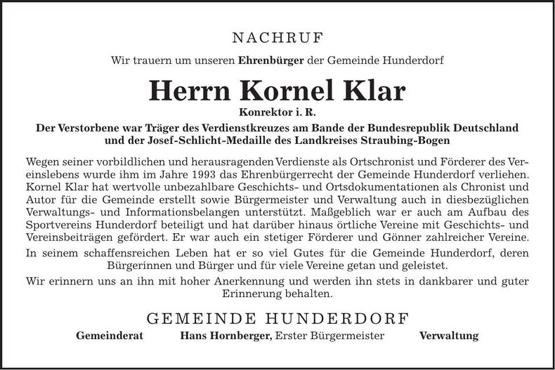 Traueranzeige Kornel Klar