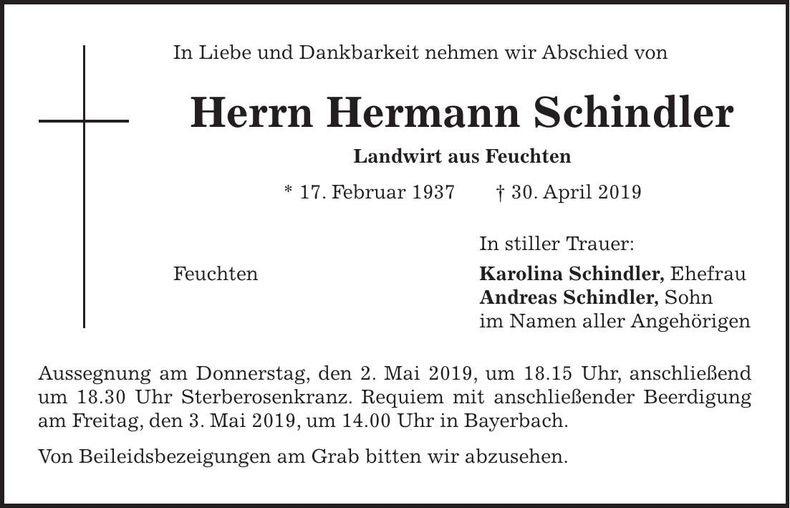 Traueranzeige Hermann Schindler