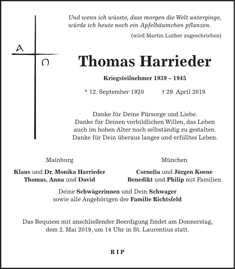 Traueranzeige Thomas Harrieder