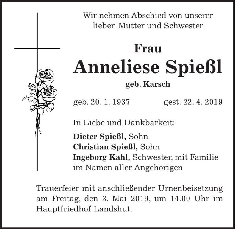 Traueranzeige Anneliese Spießl