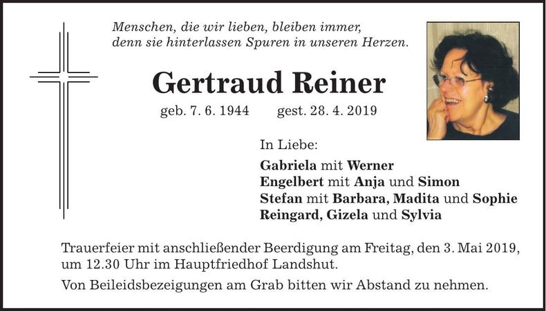 Traueranzeige Gertraud Reiner