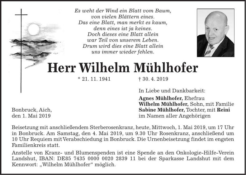 Traueranzeige Wilhelm Mühlhofer