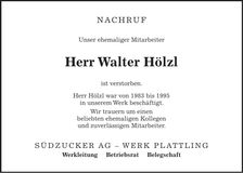 Traueranzeige Walter Hölzl
