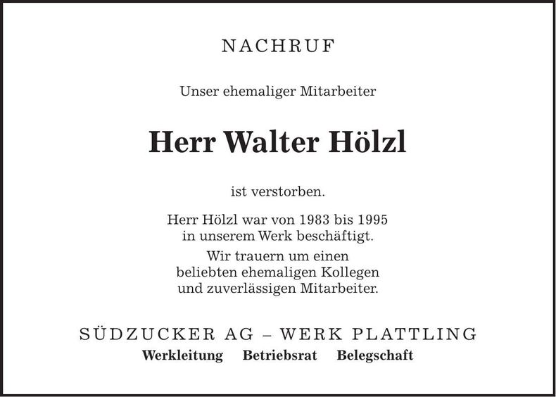 Traueranzeige Walter Hölzl