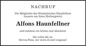 Traueranzeige Alfons Haunfellner