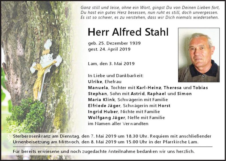 Traueranzeige Alfred Stahl