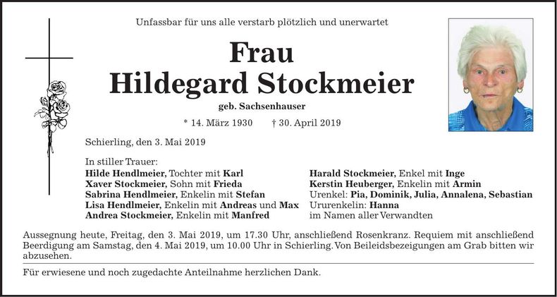 Traueranzeige Hildegard Stockmeier