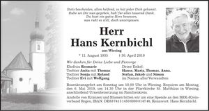 Traueranzeige Hans Kernbichl