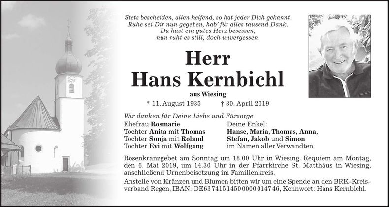 Traueranzeige Hans Kernbichl
