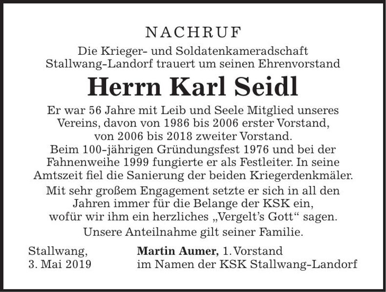 Traueranzeige Karl Seidl