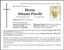 Traueranzeige Johann Pöschl