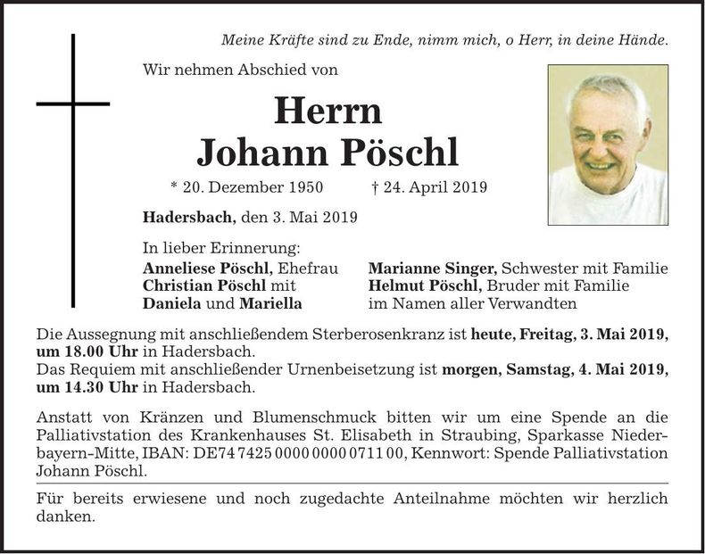 Traueranzeige Johann Pöschl