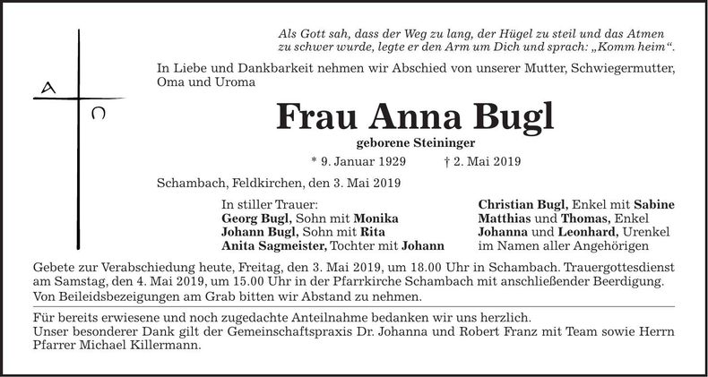 Traueranzeige Anna Bugl