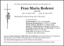 Traueranzeige Maria Rederer