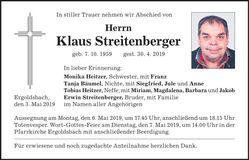 Traueranzeige Klaus Streitenberger