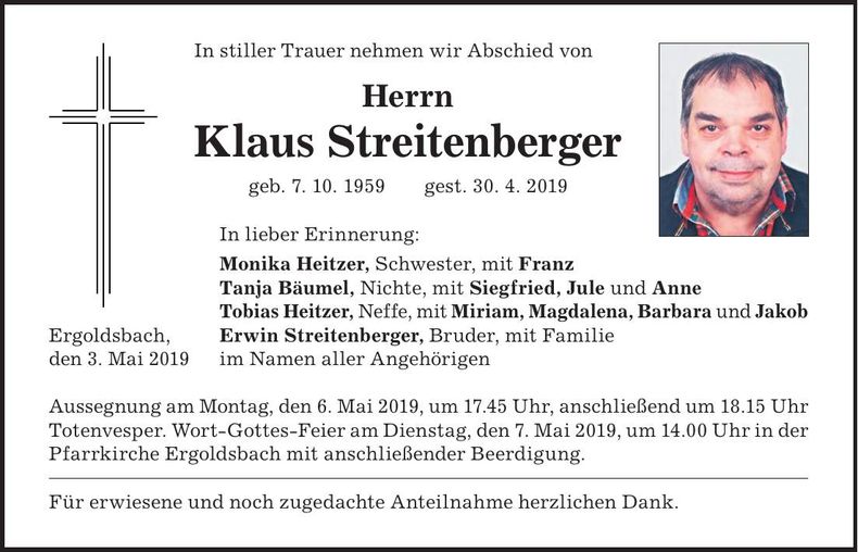 Traueranzeige Klaus Streitenberger