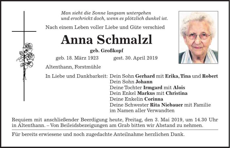Traueranzeige Anna Schmalzl