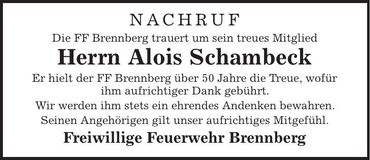 Traueranzeige Alois Schambeck