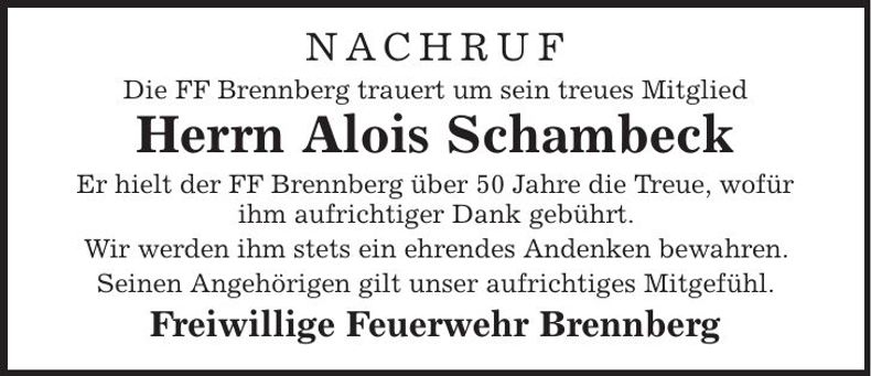 Traueranzeige Alois Schambeck
