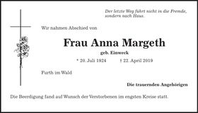 Traueranzeige Anna Margeth