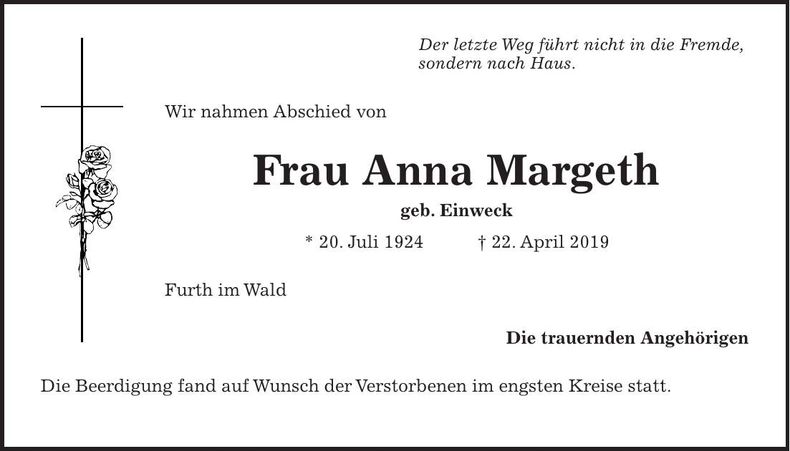 Traueranzeige Anna Margeth