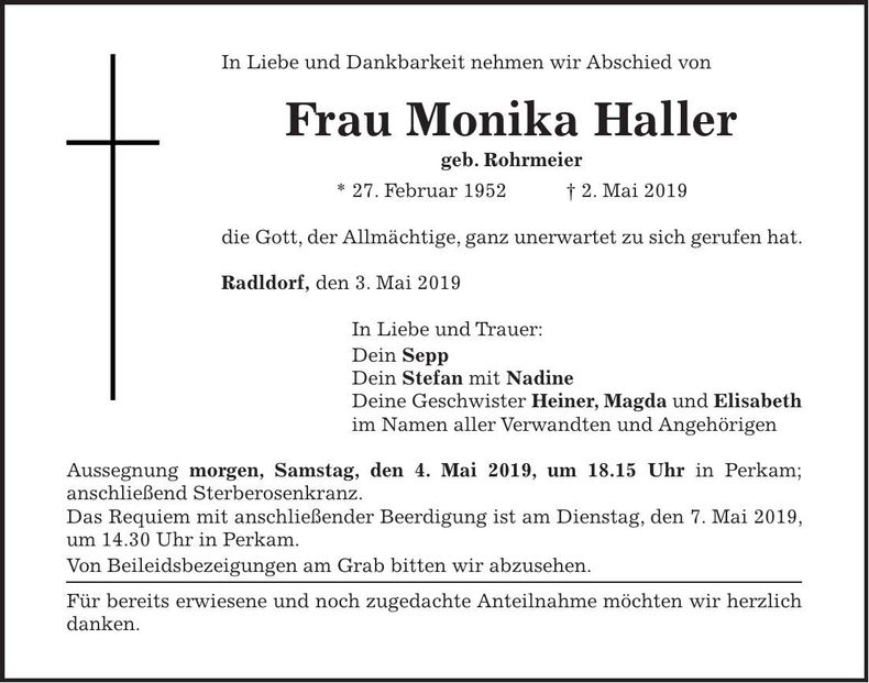 Traueranzeige Monika Haller