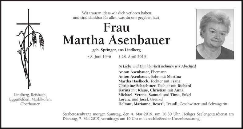 Traueranzeige Martha Asenbauer