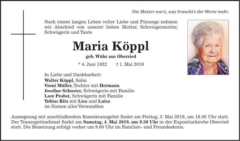 Traueranzeige Anna Köppl