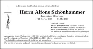 Traueranzeige Alfons Schönhammer