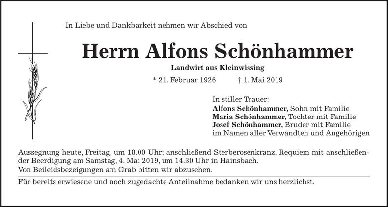Traueranzeige Alfons Schönhammer