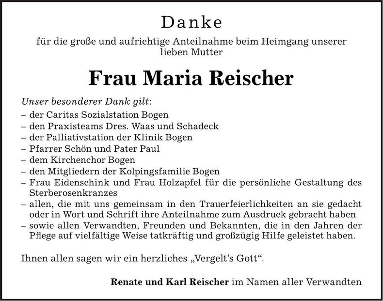 Traueranzeige Maria Reischer