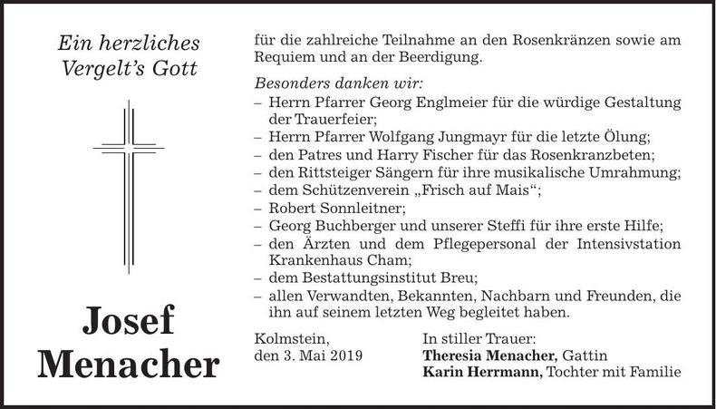 Traueranzeige Josef Menacher