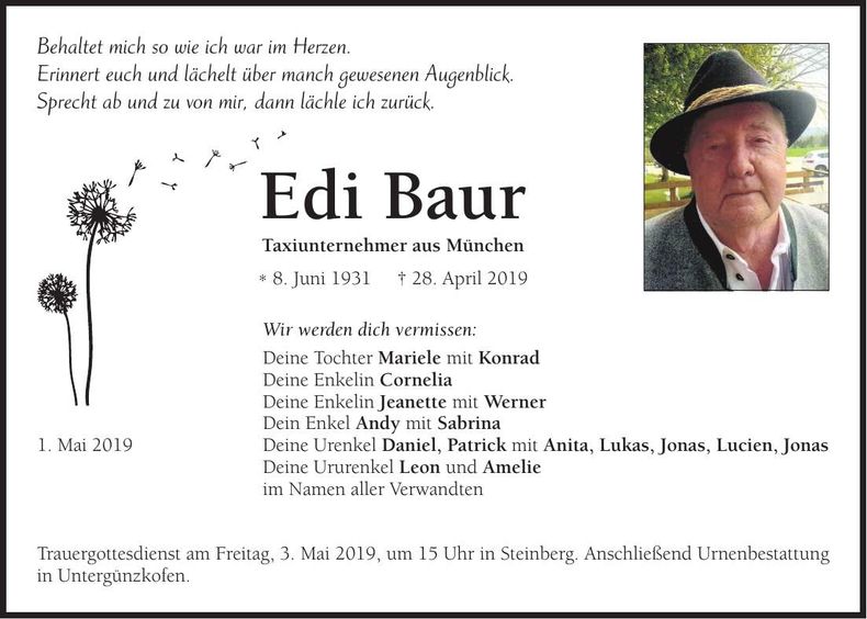 Traueranzeige Edi Baur