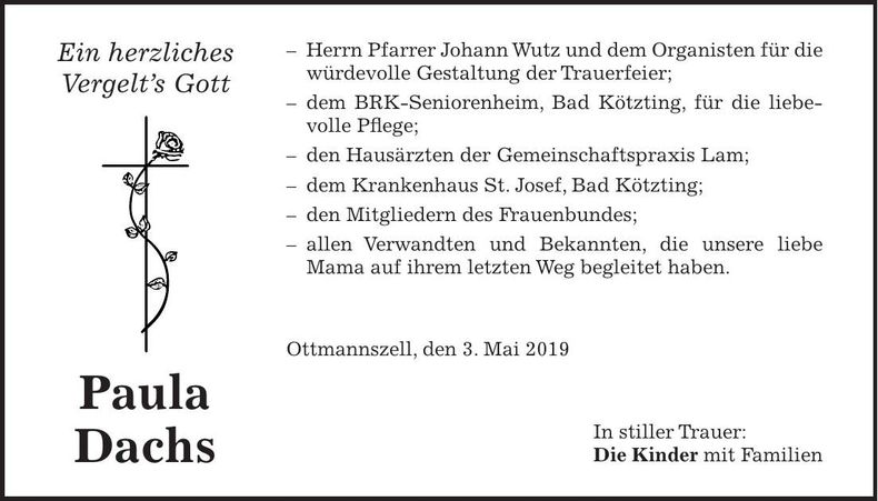 Traueranzeige Paula Dachs