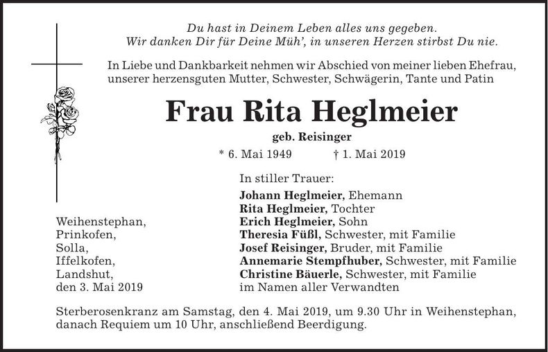 Traueranzeige Rita Heglmeier