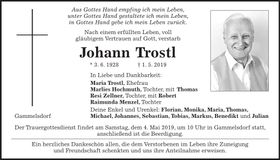 Traueranzeige Johann Trostl