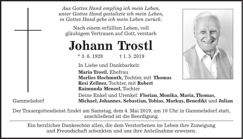 Traueranzeige Johann Trostl