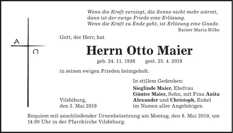Traueranzeige Otto Maier