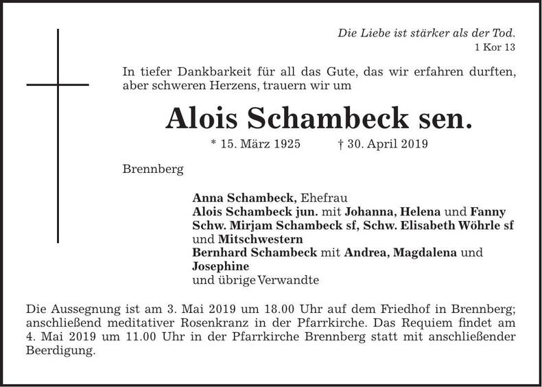 Traueranzeige Alois Schambeck