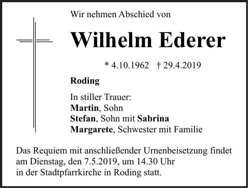 Traueranzeige Wilhelm Ederer
