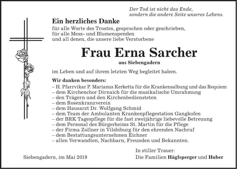 Traueranzeige Erna Sarcher
