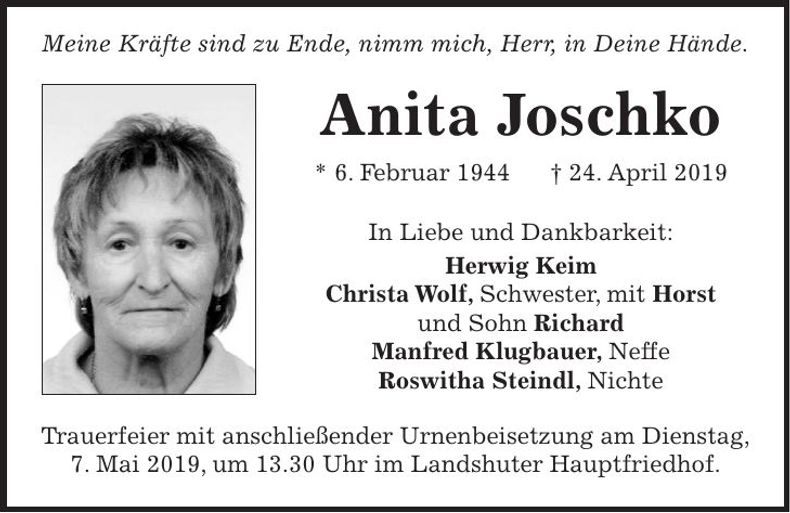 Traueranzeige Anita Joschko