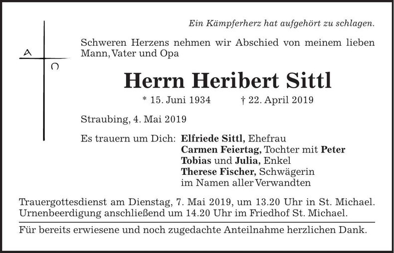Traueranzeige Heribert Sittl