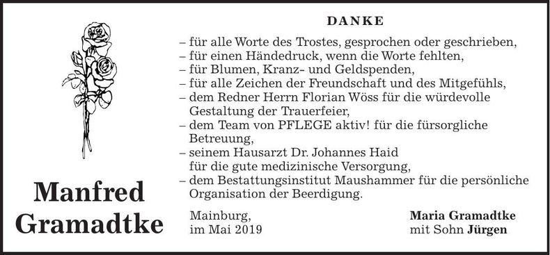 Traueranzeige Manfred Gramadtke