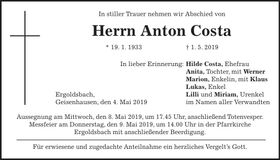 Traueranzeige Anton Costa