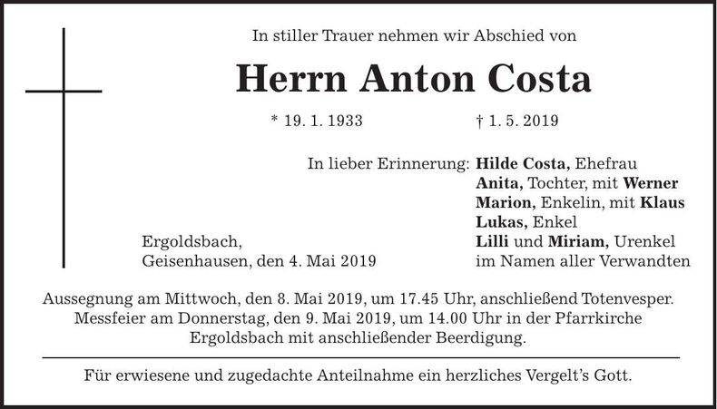 Traueranzeige Anton Costa