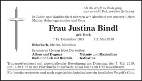 Traueranzeige Justina Bindl