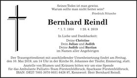 Traueranzeige Bernhard Reindl