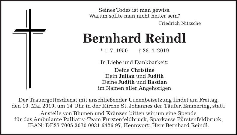 Traueranzeige Bernhard Reindl