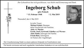 Traueranzeige Ingeborg Schub